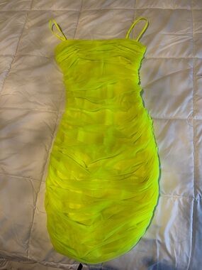 Babaton Neon Yellow Ruched Mini Dress